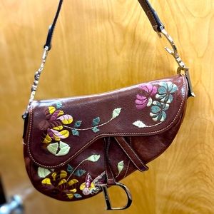 Dior Brown Leather Embroidered Saddle Bag